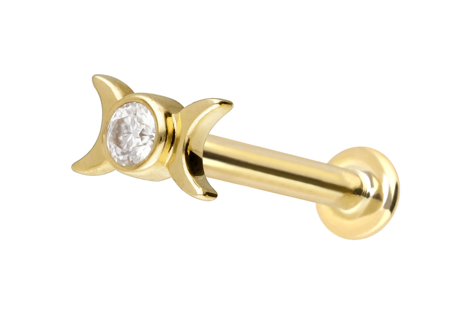 14 Karat Gold Labret Piercing mit Innengewinde MOISSANIT + 2 MONDE